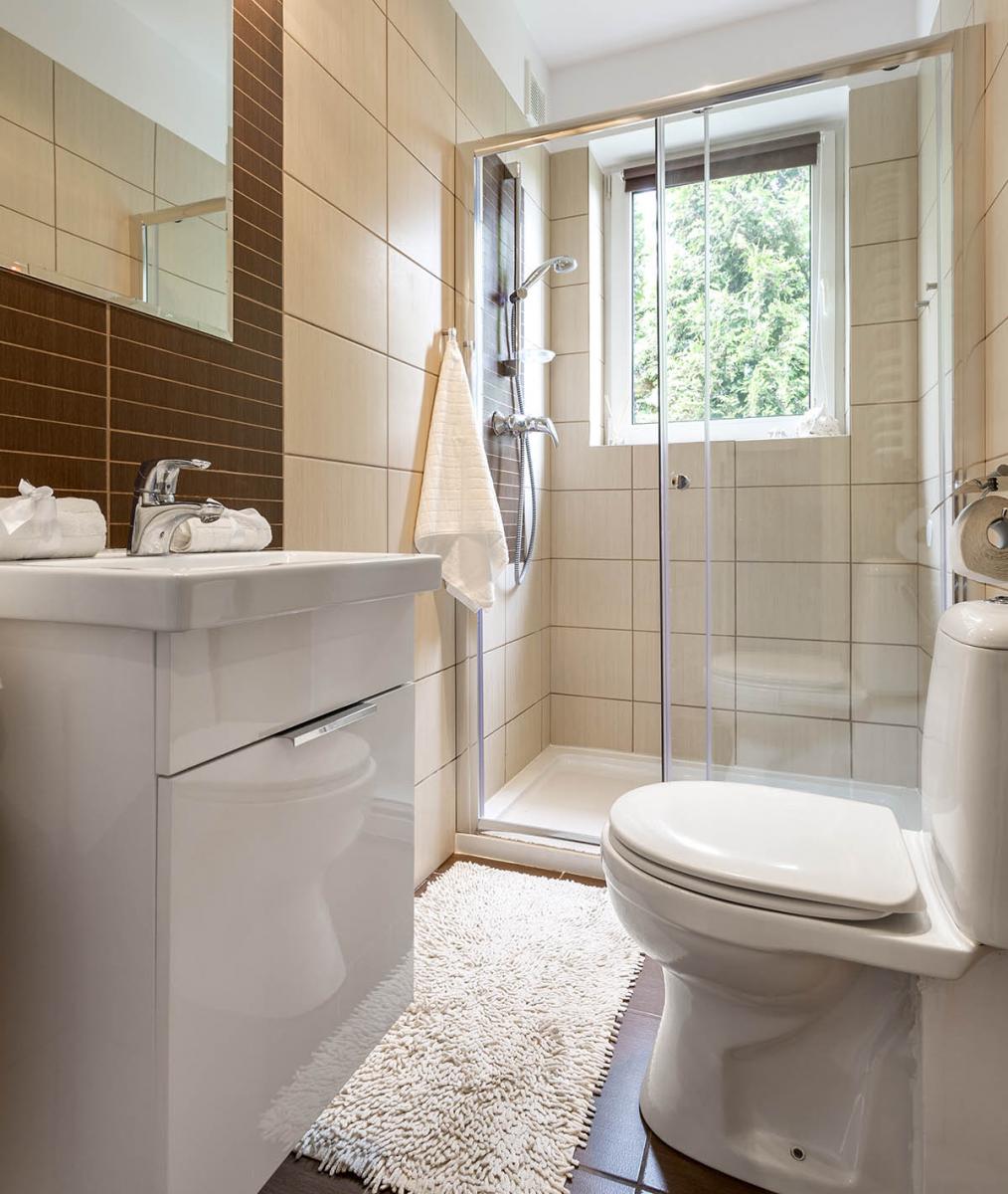 small bathroom interior with glazed shower